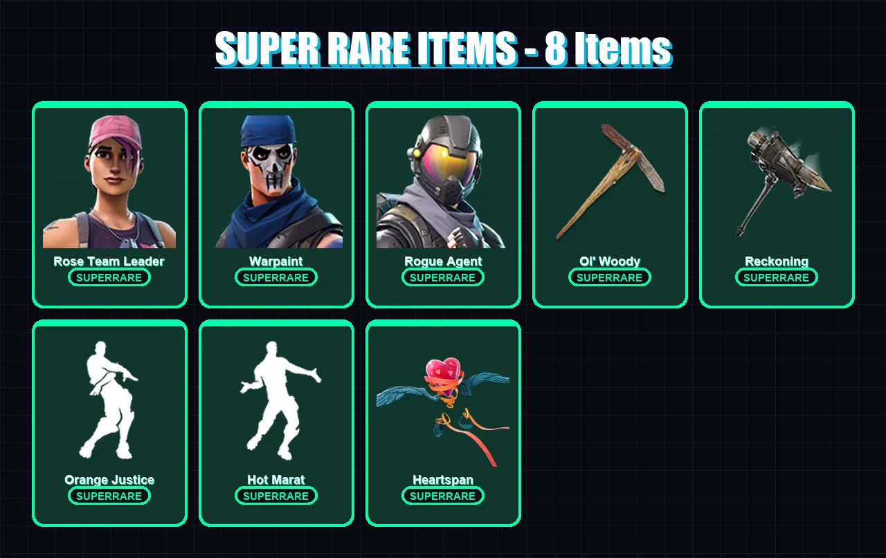 [PC/XBOX/PSN] | Rose Team Leader | Warpaint | Rogue Agent | Enforcer | Calamity | 63 skin | 53 pickaxe | 69 emote | 58 glider | Lv725