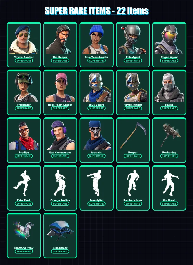 [PC/XBOX] | Royale Bomber | The Reaper | Blue Team Leader | Elite Agent | Rogue Agent | 162 skin | 85 pickaxe | 158 emote | 95 glider | Lv1161