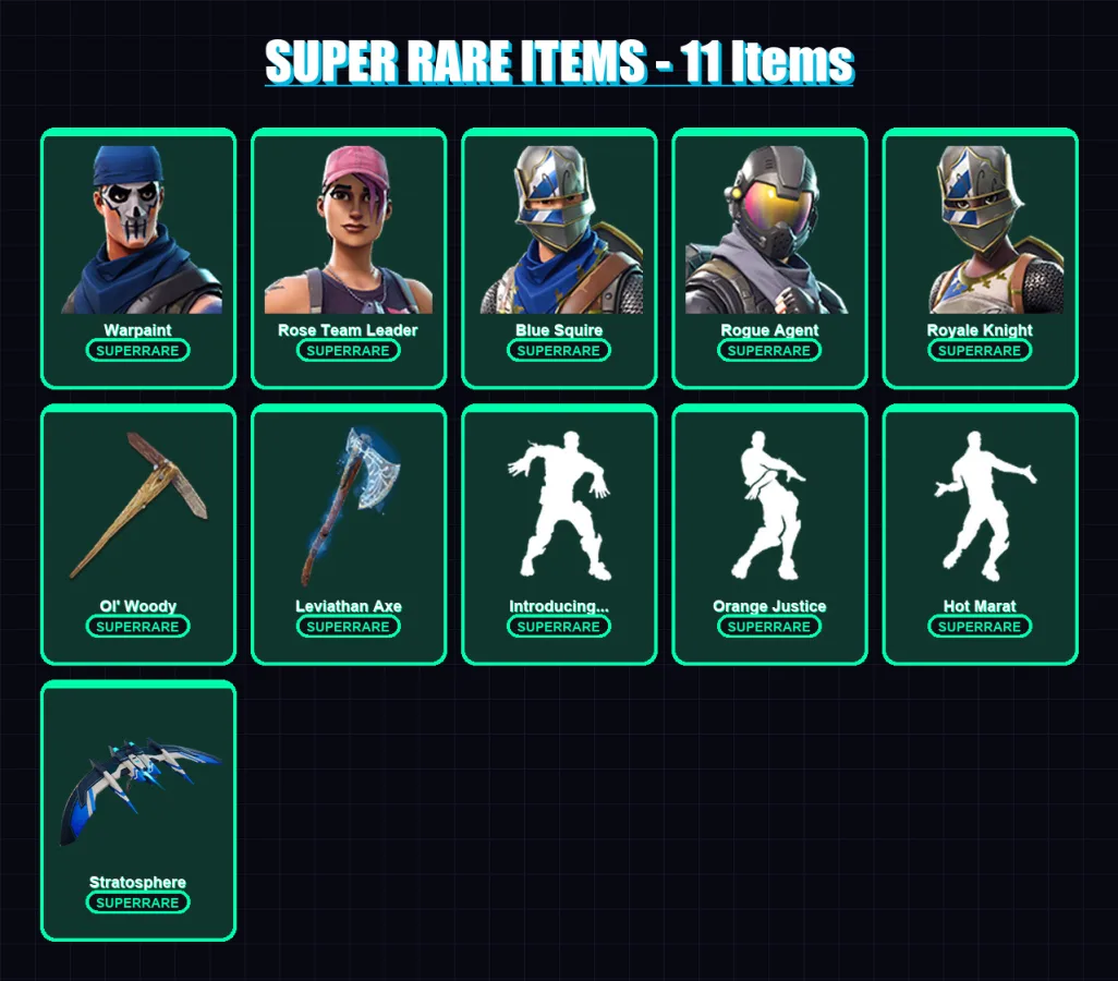 [PC] | Warpaint | Rose Team Leader | Blue Squire | Rogue Agent | Royale Knight | 82 skin | 87 pickaxe | 88 emote | 82 glider | Lv1112