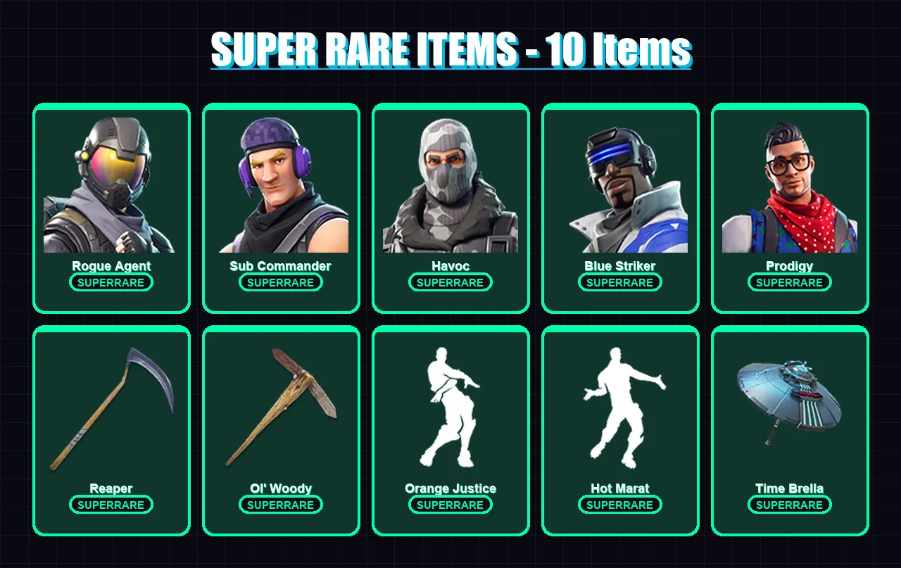 [PC] | Rogue Agent | Sub Commander | Havoc | Blue Striker | Prodigy | 66 skin | 118 pickaxe | 85 emote | 109 glider | Lv1654 — Fortnite account