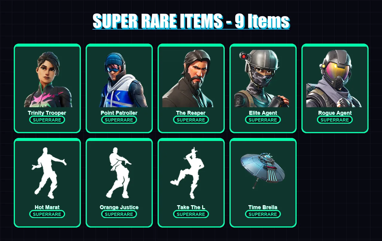 [PS4/PS5/XBOX/PC] | Trinity Trooper | Point Patroller | The Reaper | Elite Agent | Rogue Agent | 52 skin | 58 pickaxe | 67 emote | 66 glider | Lv145