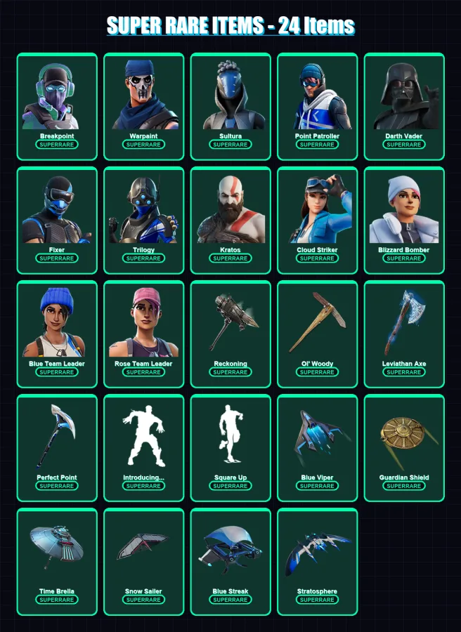 [PS4/PS5/XBOX/PC] | Breakpoint | Warpaint | Sultura | Point Patroller | Darth Vader | 292 skin | 313 pickaxe | 228 emote | 242 glider | Lv4191