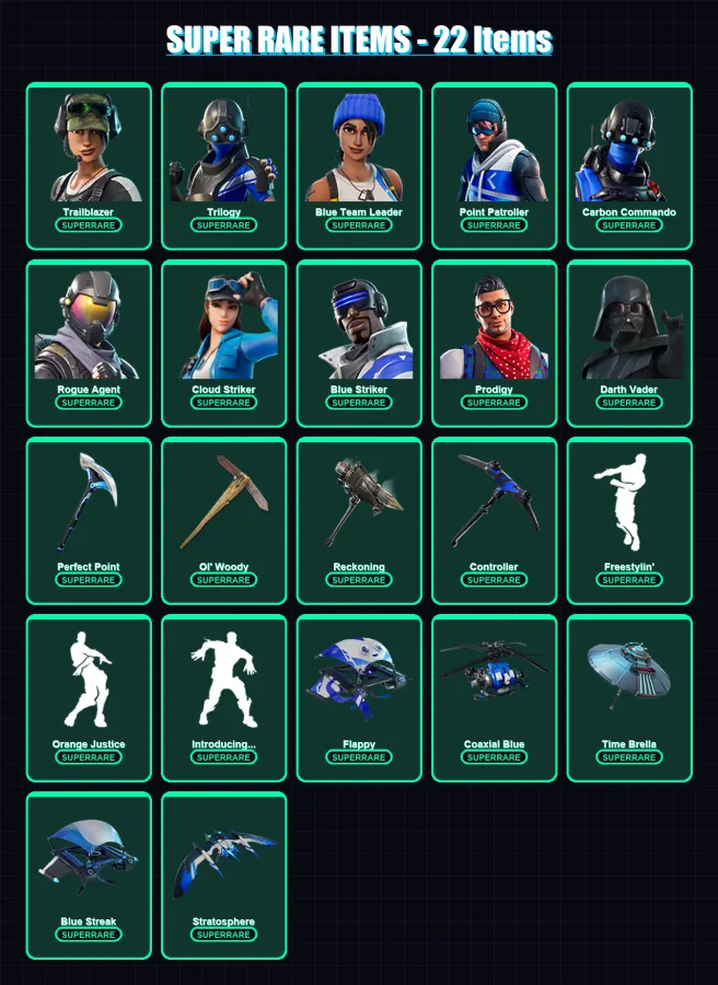 [PC] | Trailblazer | Trilogy | Blue Team Leader | Point Patroller | Carbon Commando | 295 skin | 313 pickaxe | 204 emote | 216 glider | Lv2487 — Fortnite account