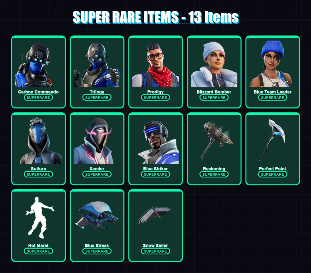 [PC/XBOX] | Carbon Commando | Trilogy | Prodigy | Blizzard Bomber | Blue Team Leader | 83 skin | 88 pickaxe | 78 emote | 71 glider | Lv1064