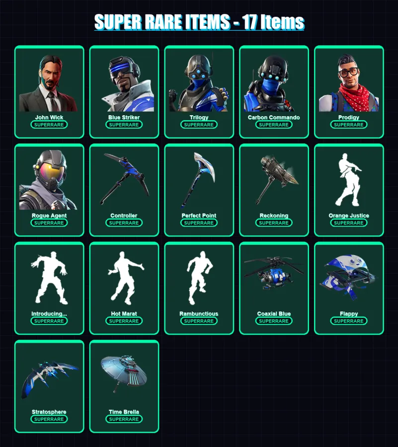 [PS4/PS5/XBOX/PC] | John Wick | Blue Striker | Trilogy | Carbon Commando | Prodigy | 130 skin | 110 pickaxe | 112 emote | 112 glider | Lv1626 — Fortnite account