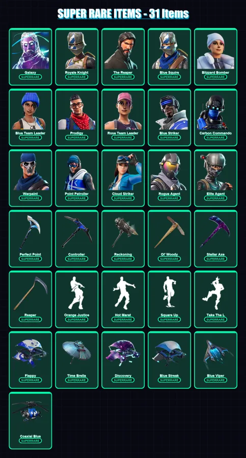 [PS4/PS5/XBOX/PC] | Galaxy | Royale Knight | The Reaper | Blue Squire | Blizzard Bomber | 108 skin | 78 pickaxe | 114 emote | 87 glider | Lv904