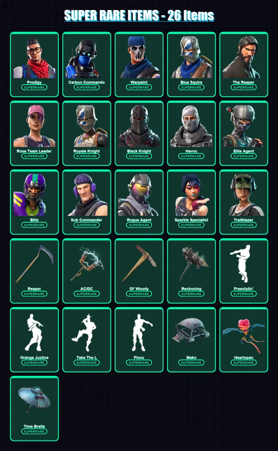 [PC/XBOX/PSN] | Prodigy | Carbon Commando | Warpaint | Blue Squire | The Reaper | 108 skin | 69 pickaxe | 69 emote | 79 glider | Lv1174