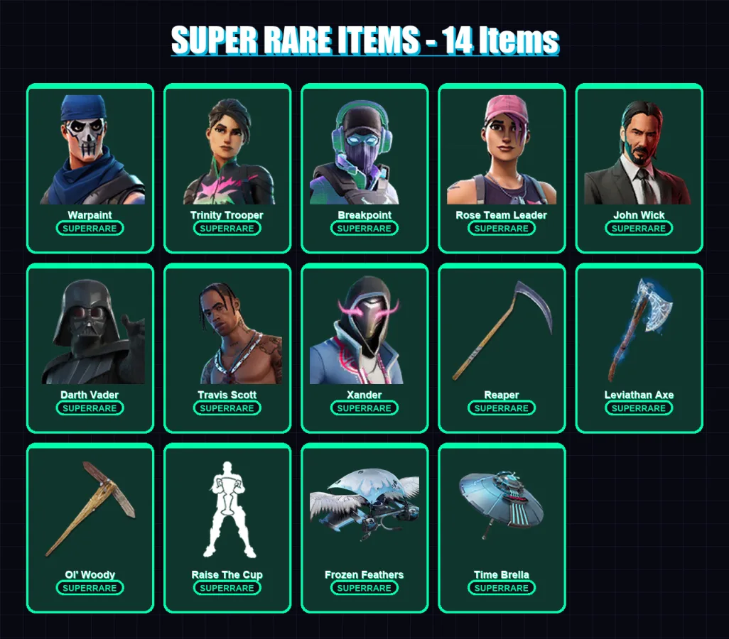 [PS4/PS5/XBOX/PC] | Warpaint | Trinity Trooper | Breakpoint | Rose Team Leader | John Wick | 351 skin | 289 pickaxe | 213 emote | 218 glider | Lv450