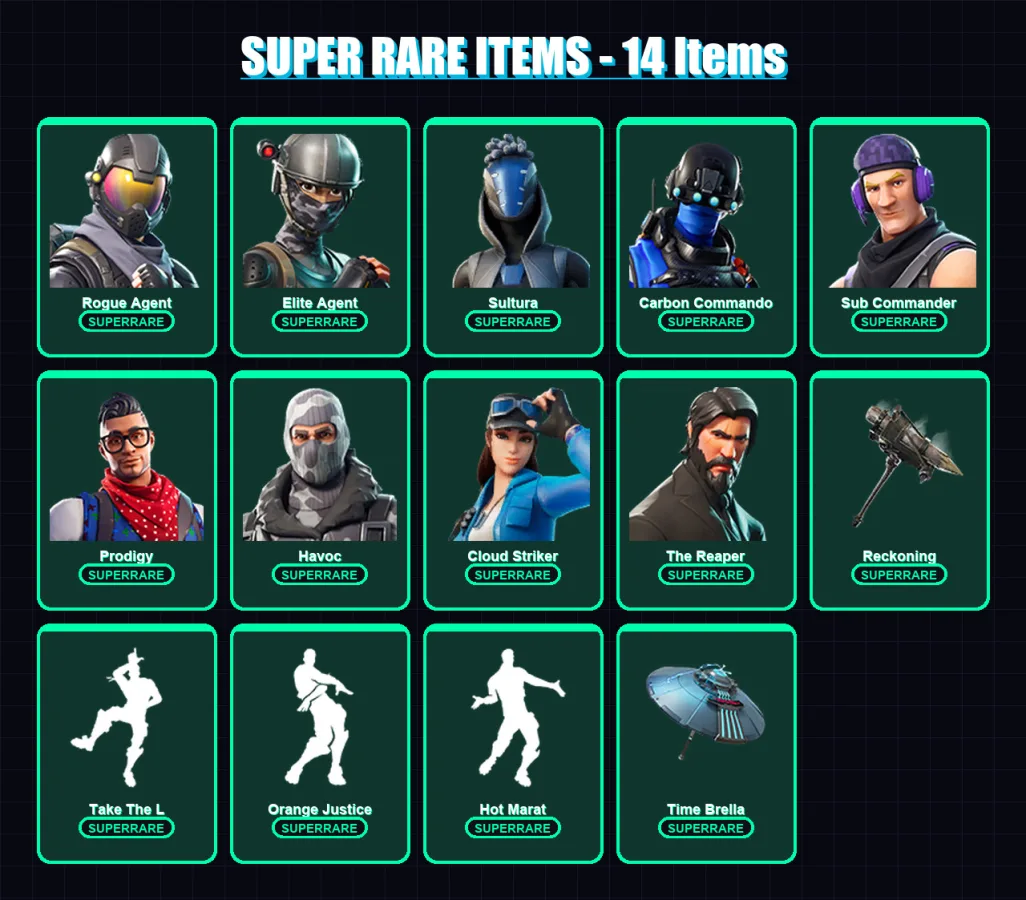 [PS4/PS5/XBOX/PC] | Rogue Agent | Elite Agent | Sultura | Carbon Commando | Sub Commander | 84 skin | 60 pickaxe | 76 emote | 70 glider | Lv1020