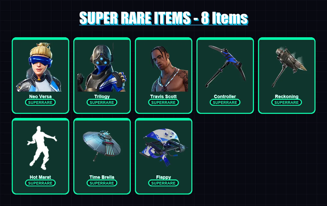 [PS4/PS5/XBOX/PC] | Neo Versa | Trilogy | Travis Scott | Midas | Calamity | 91 skin | 91 pickaxe | 110 emote | 101 glider | Lv2301
