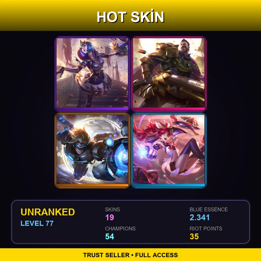 LAS | Lv77 | Unranked | 19 Skin | 54 Champ — LoL account