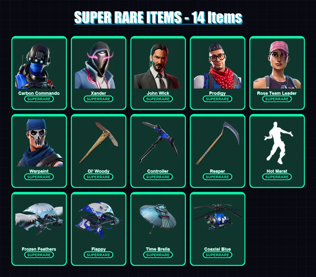 [PC/XBOX/PSN] | Carbon Commando | Xander | John Wick | Prodigy | Rose Team Leader | 130 skin | 150 pickaxe | 145 emote | 128 glider | Lv1541
