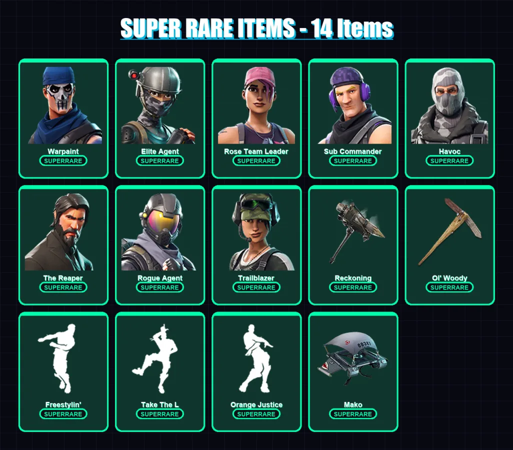 [PC/XBOX] | Warpaint | Elite Agent | Rose Team Leader | Sub Commander | Havoc | 60 skin | 56 pickaxe | 72 emote | 59 glider | Lv880