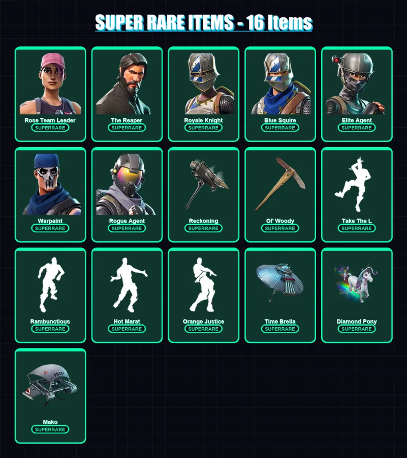 [PC/PSN] | Rose Team Leader | The Reaper | Royale Knight | Blue Squire | Elite Agent | 118 skin | 111 pickaxe | 120 emote | 122 glider | Lv1317 — Fortnite account