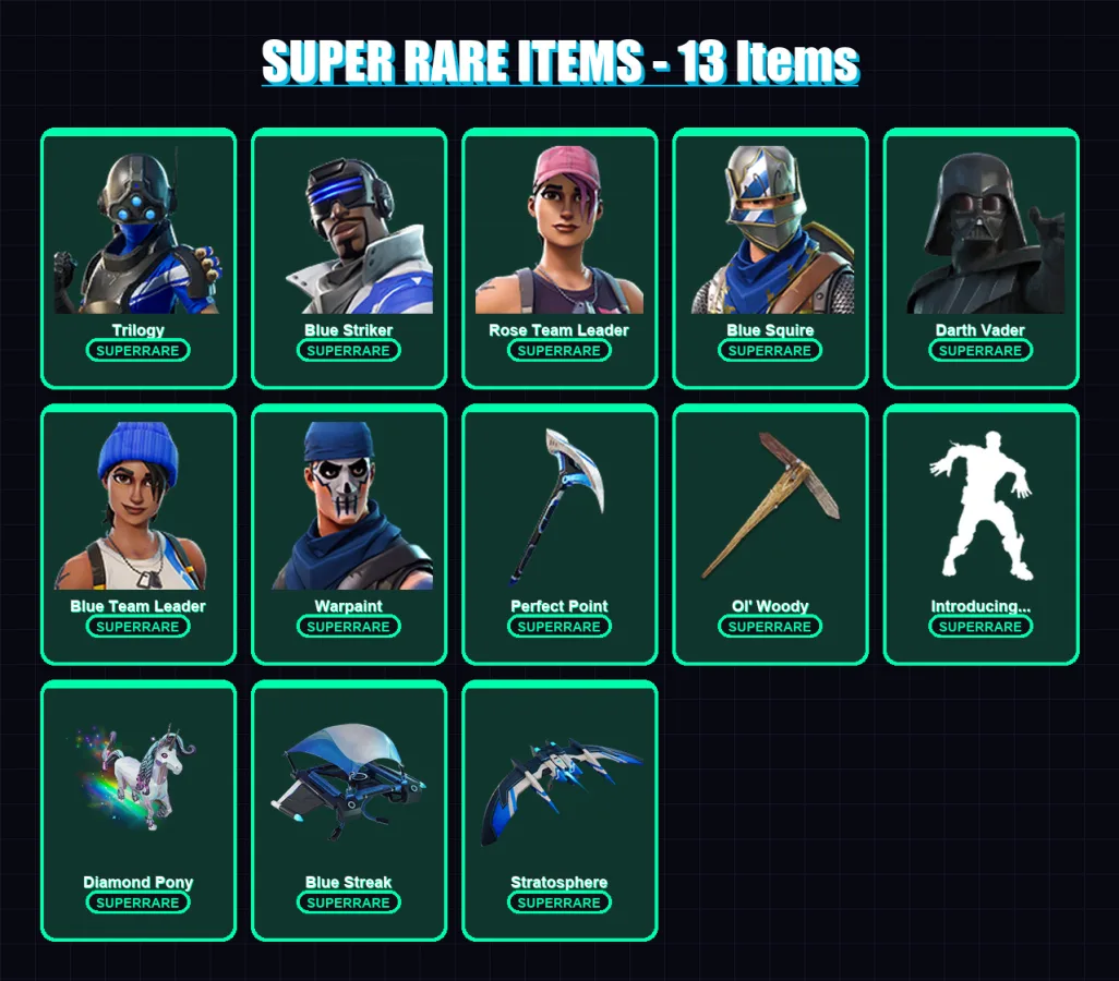 [SWITCH/PC] | Trilogy | Blue Striker | Rose Team Leader | Blue Squire | Darth Vader | 117 skin | 136 pickaxe | 94 emote | 118 glider | Lv1542