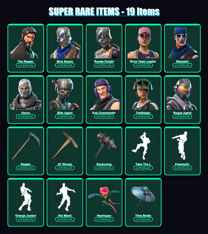 [PC/XBOX/PSN] | The Reaper | Blue Squire | Royale Knight | Rose Team Leader | Warpaint | 100 skin | 109 pickaxe | 97 emote | 110 glider | Lv1667