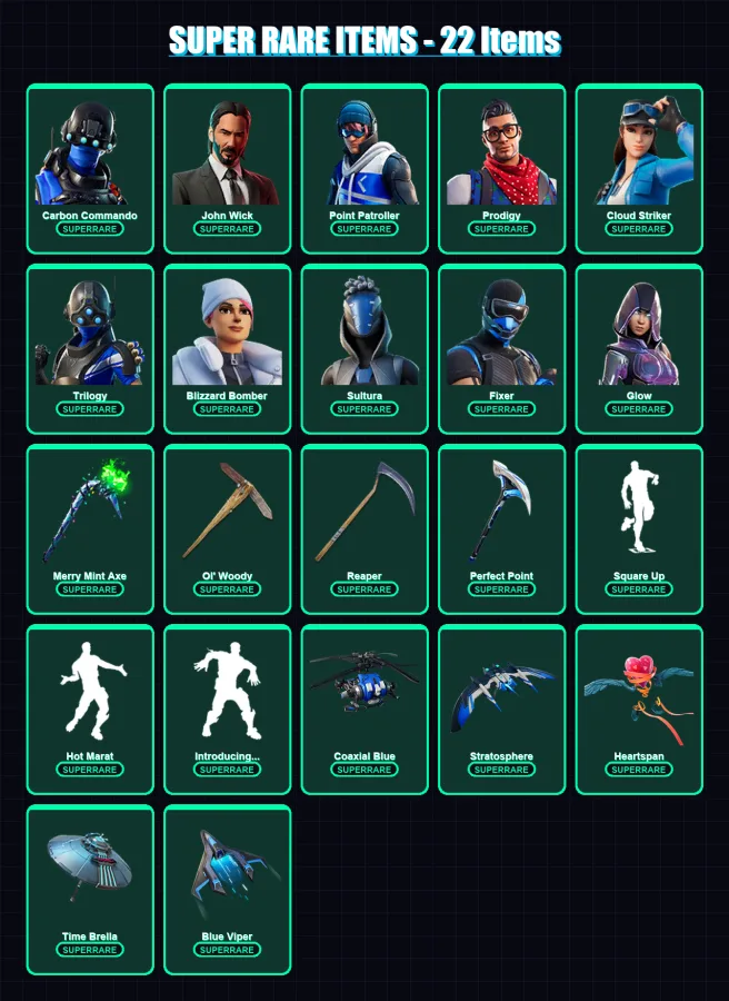 [PC/XBOX] | Carbon Commando | John Wick | Point Patroller | Prodigy | Cloud Striker | 120 skin | 133 pickaxe | 129 emote | 111 glider | Lv1872