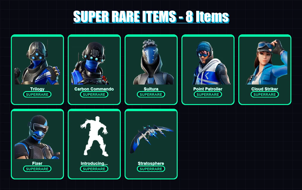 [PC/PSN] | Trilogy | Carbon Commando | Sultura | Point Patroller | Cloud Striker | 14 skin | 21 pickaxe | 22 emote | 15 glider | Lv221