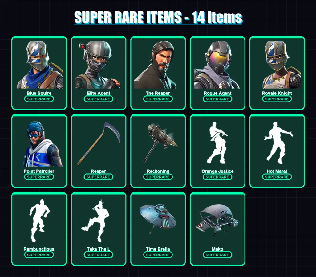 [PC/XBOX] | Blue Squire | Elite Agent | The Reaper | Rogue Agent | Royale Knight | 99 skin | 119 pickaxe | 123 emote | 108 glider | Lv2612