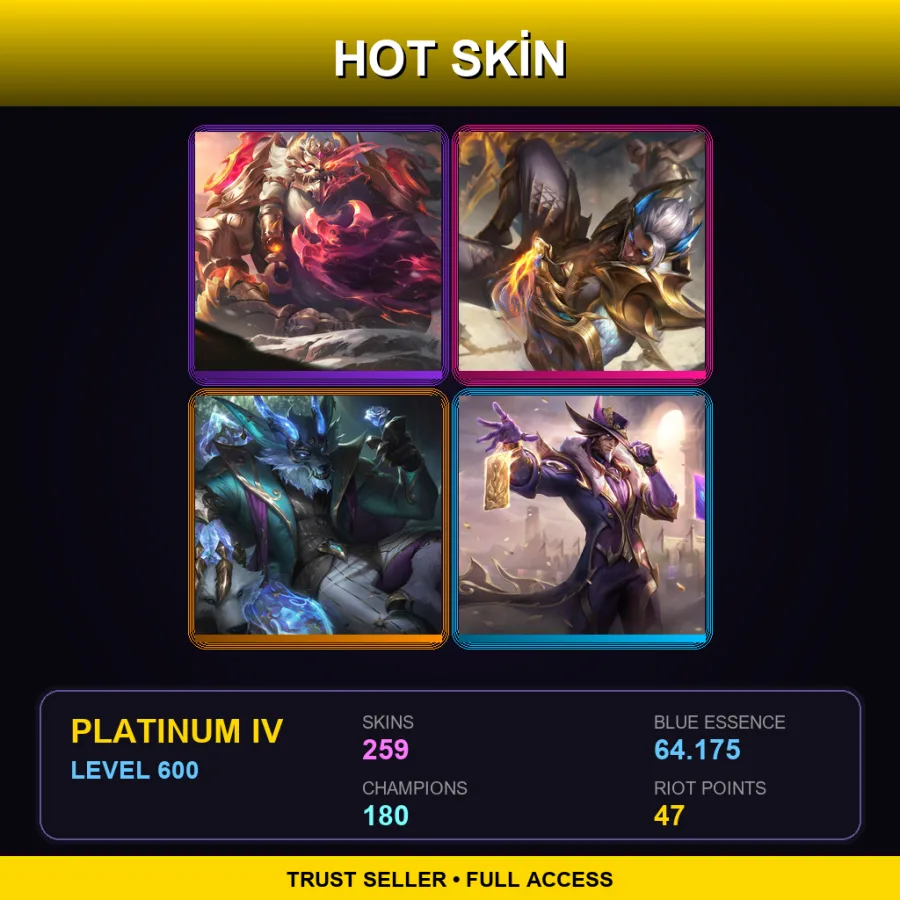 EUNE | Prestige Duality Dragon Volibear | Prestige Obsidian Dragon Sett | Prestige Winterblessed Warwick | 259 Skin | 180 Champ | Platinum IV | Lv600