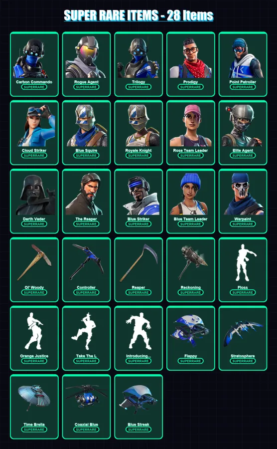 [PC/XBOX] | Carbon Commando | Rogue Agent | Trilogy | Prodigy | Point Patroller | 225 skin | 224 pickaxe | 176 emote | 202 glider | Lv2995