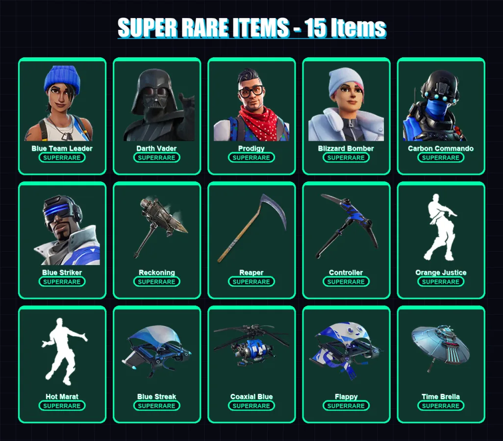 [PC/XBOX] | Blue Team Leader | Darth Vader | Prodigy | Blizzard Bomber | Carbon Commando | 135 skin | 135 pickaxe | 112 emote | 101 glider | Lv1681