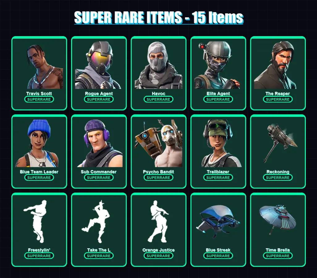 [PC/XBOX/PSN] | Travis Scott | Rogue Agent | Havoc | Elite Agent | The Reaper | 89 skin | 59 pickaxe | 63 emote | 57 glider | Lv653