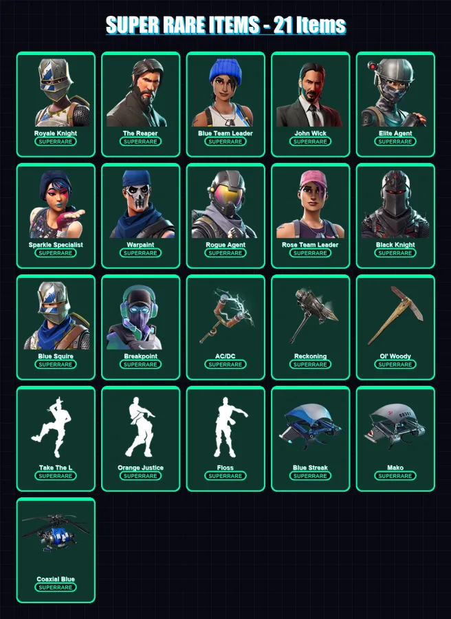 [PS4/PS5/XBOX/PC] | Royale Knight | The Reaper | Blue Team Leader | John Wick | Elite Agent | 88 skin | 69 pickaxe | 73 emote | 71 glider | Lv938