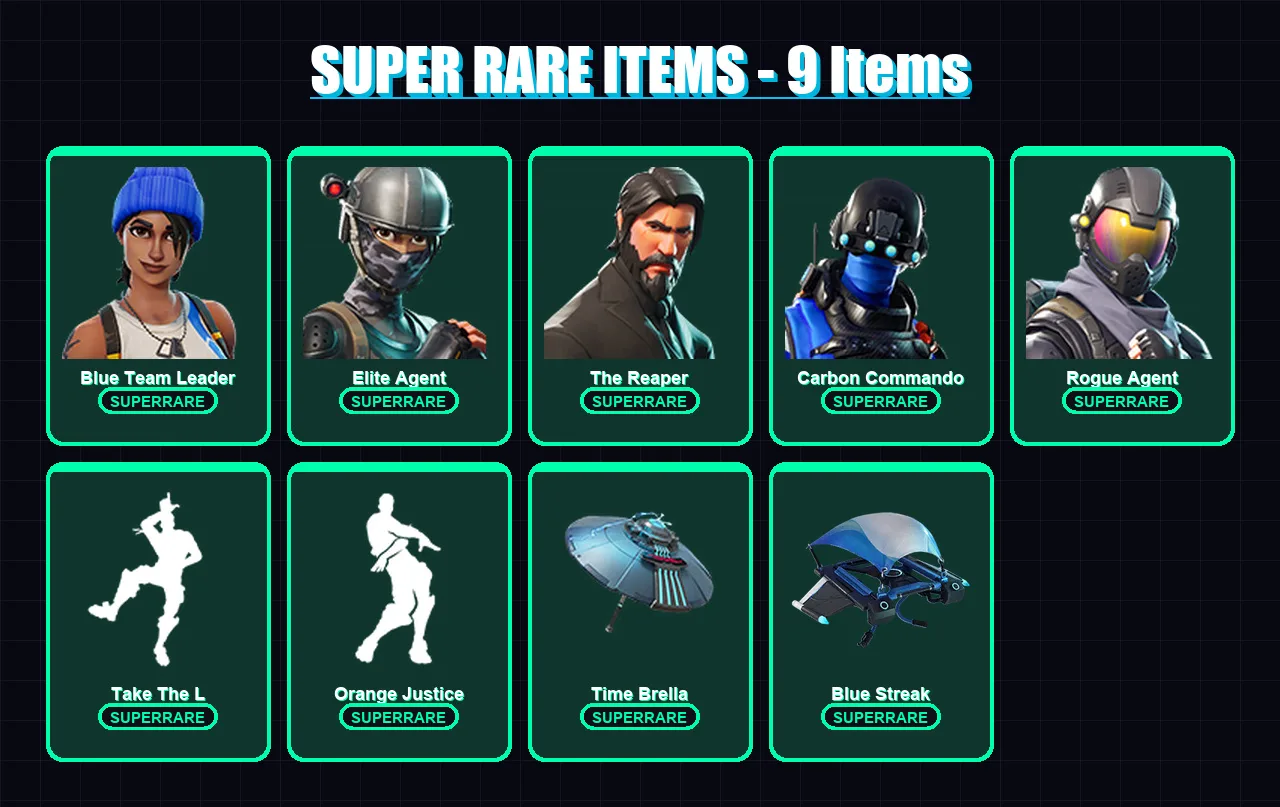 [PS4/PS5/XBOX/PC] | Blue Team Leader | Elite Agent | The Reaper | Carbon Commando | Rogue Agent | 22 skin | 17 pickaxe | 25 emote | 25 glider | Lv40