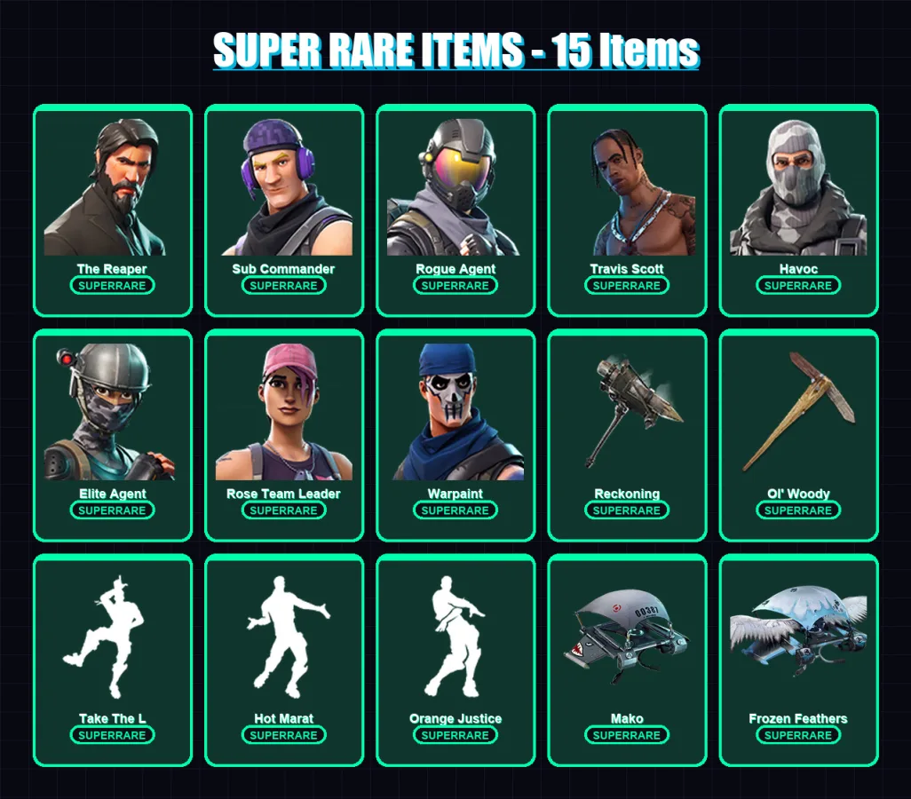 [PC/PSN] | The Reaper | Sub Commander | Rogue Agent | Travis Scott | Havoc | 102 skin | 99 pickaxe | 88 emote | 86 glider | Lv1041