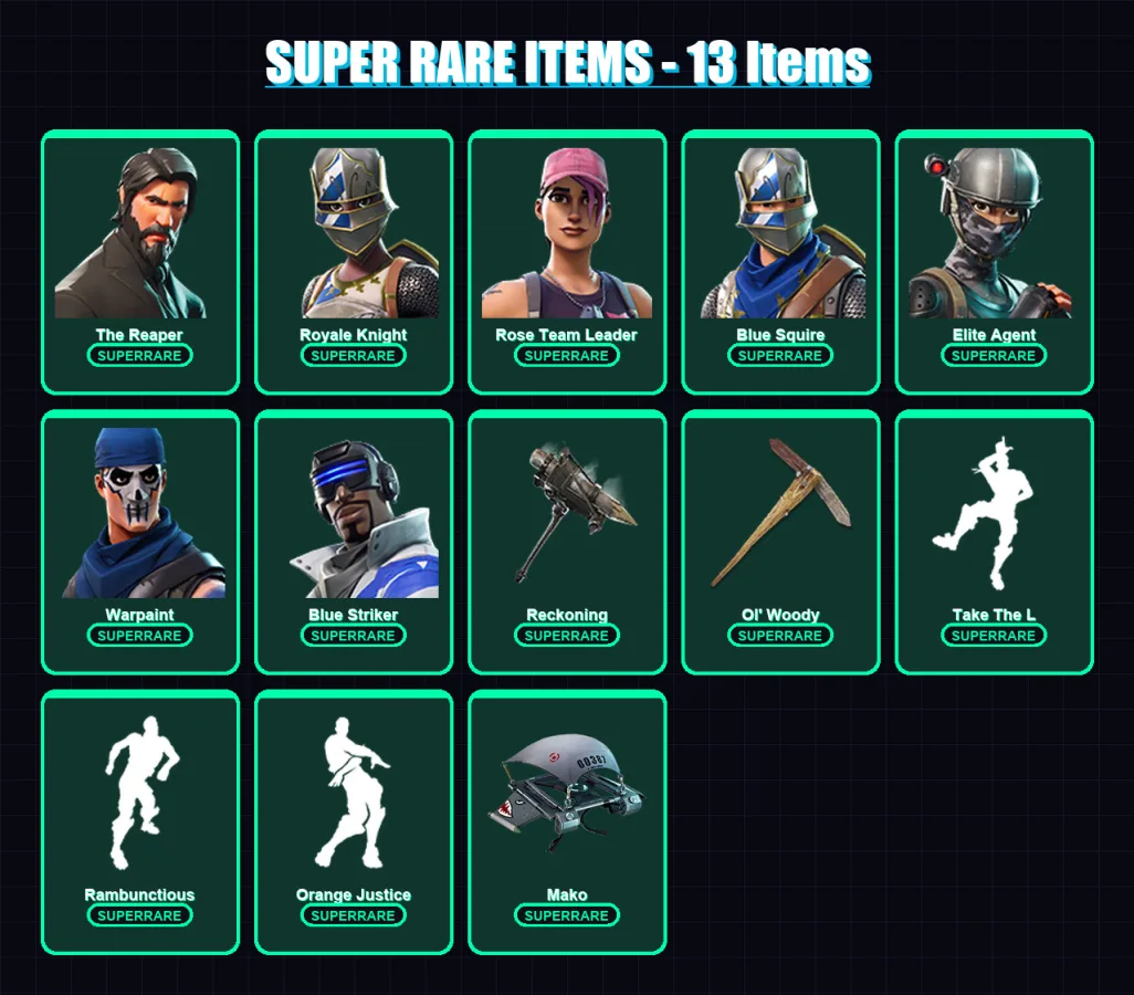 [PS4/PS5/XBOX/PC] | The Reaper | Royale Knight | Rose Team Leader | Blue Squire | Elite Agent | 35 skin | 31 pickaxe | 38 emote | 40 glider | Lv548
