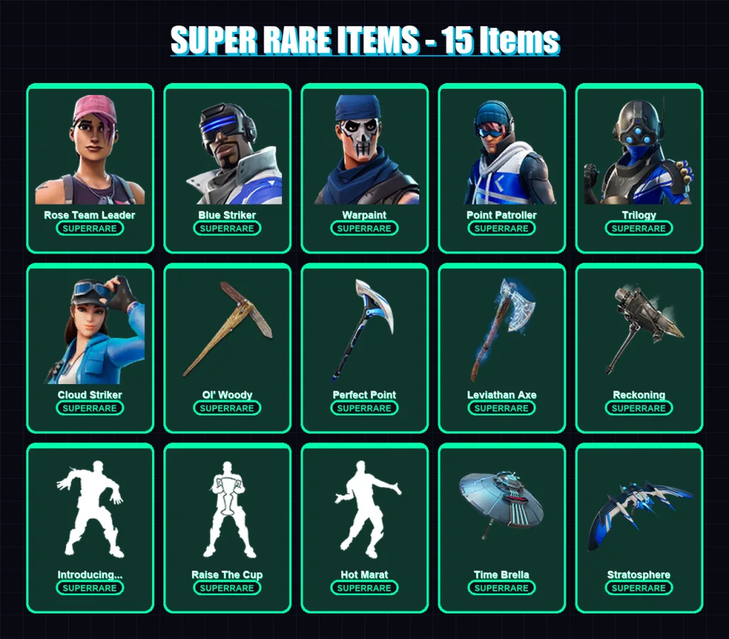 [PC/XBOX] | Rose Team Leader | Blue Striker | Warpaint | Point Patroller | Trilogy | 105 skin | 105 pickaxe | 103 emote | 103 glider | Lv1285
