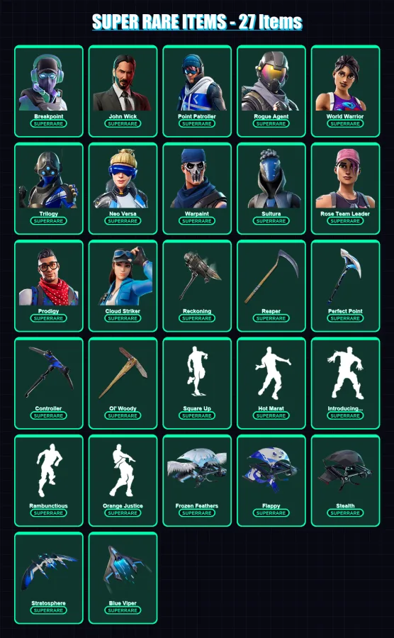 [PS4/PS5/XBOX/PC] | Breakpoint | John Wick | Point Patroller | Rogue Agent | World Warrior | 172 skin | 151 pickaxe | 131 emote | 121 glider | Lv162