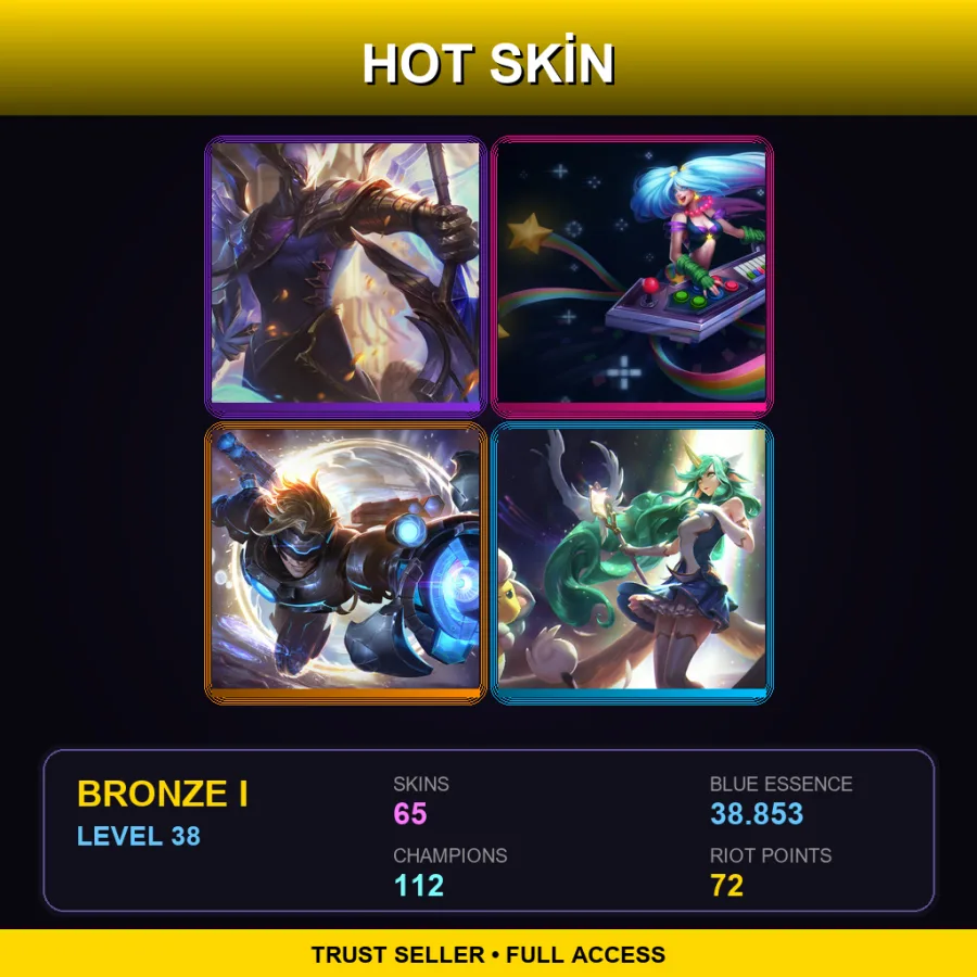 NA | Victorious Aatrox | Arcade Sona | Pulsefire Ezreal | Star Guardian Soraka | 65 Skin | 112 Champ | Bronze I | Lv38