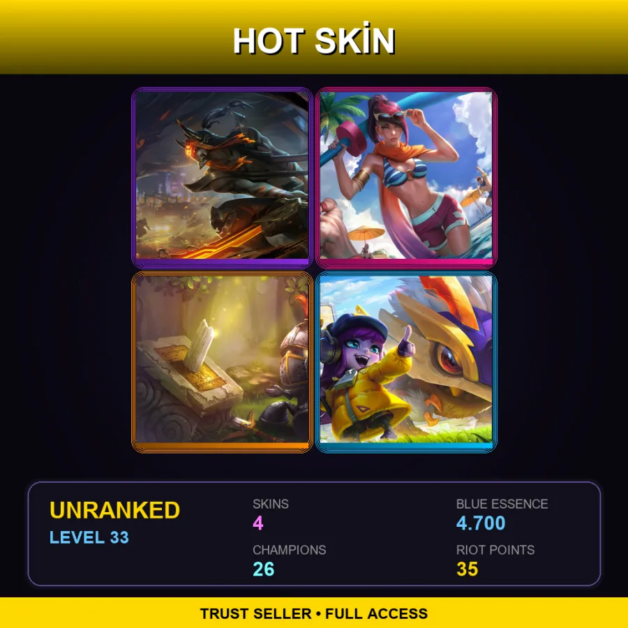 NA | Lv33 | Unranked | 4 Skin | 26 Champ — LoL account
