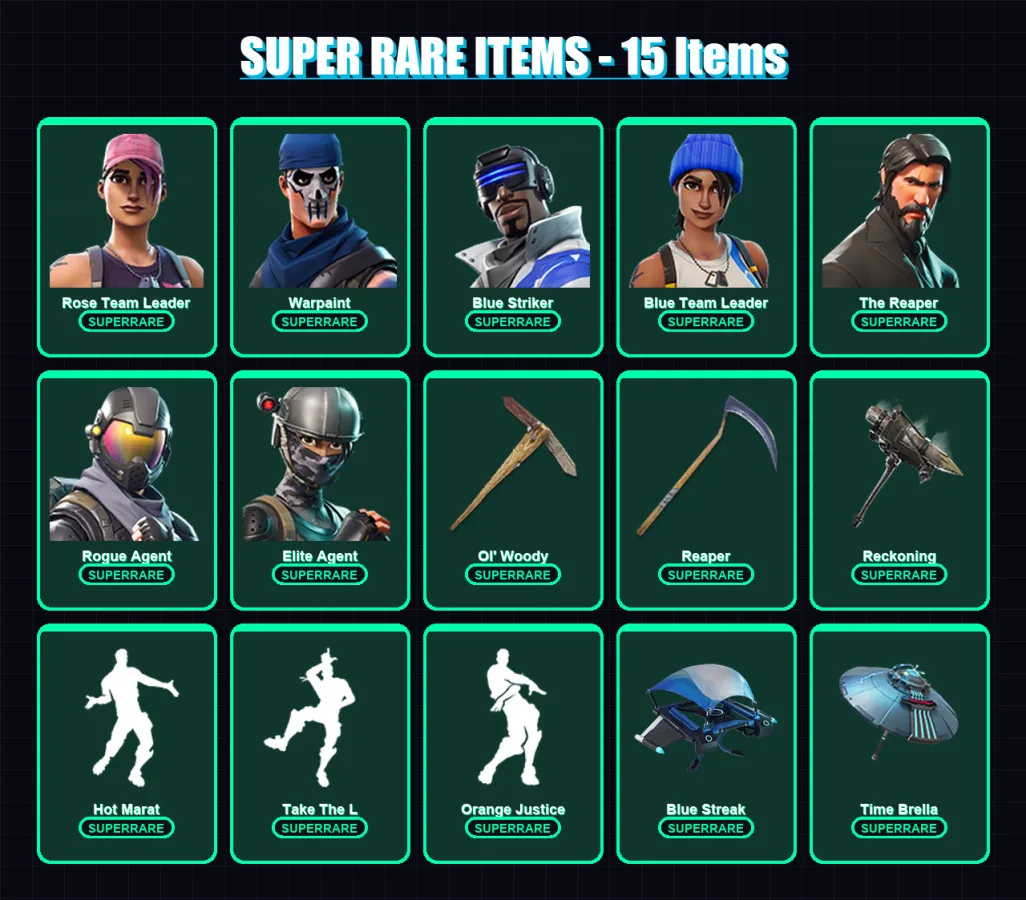 [PS4/PS5/XBOX/PC] | Rose Team Leader | Warpaint | Blue Striker | Blue Team Leader | The Reaper | 50 skin | 38 pickaxe | 49 emote | 41 glider | Lv522