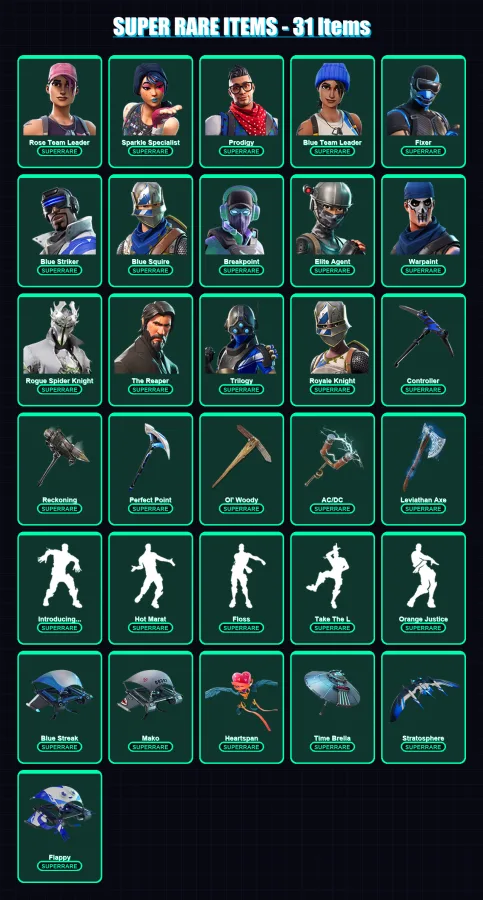 [PC/XBOX] | Rose Team Leader | Sparkle Specialist | Prodigy | Blue Team Leader | Fixer | 316 skin | 330 pickaxe | 288 emote | 274 glider | Lv3785