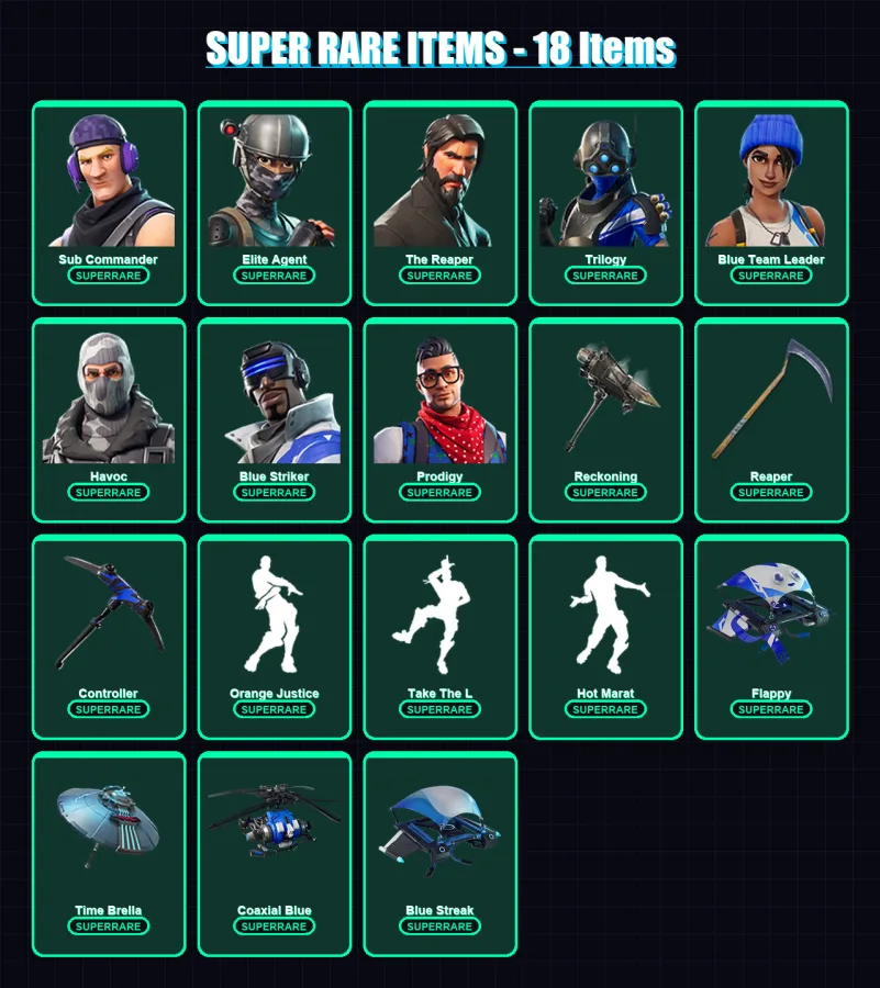 [PS4/PS5/XBOX/PC] | Sub Commander | Elite Agent | The Reaper | Trilogy | Blue Team Leader | 102 skin | 94 pickaxe | 90 emote | 100 glider | Lv1466