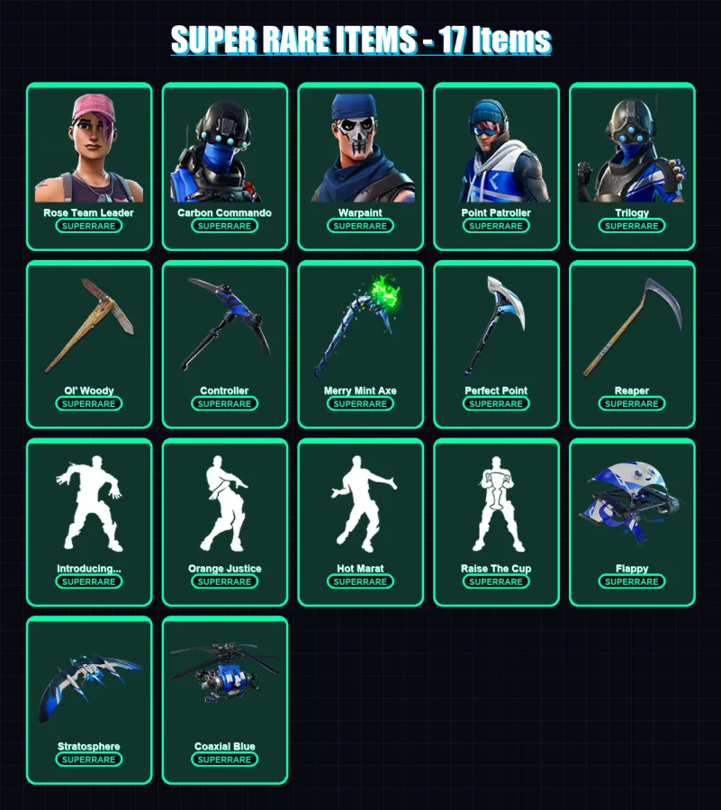[PC/XBOX/PSN] | Rose Team Leader | Carbon Commando | Warpaint | Point Patroller | Trilogy | 91 skin | 99 pickaxe | 134 emote | 91 glider | Lv1585