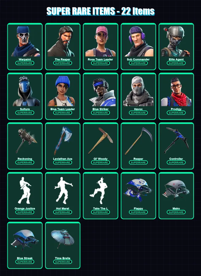 [PC/XBOX] | Warpaint | The Reaper | Rose Team Leader | Sub Commander | Elite Agent | 253 skin | 260 pickaxe | 173 emote | 211 glider | Lv3439