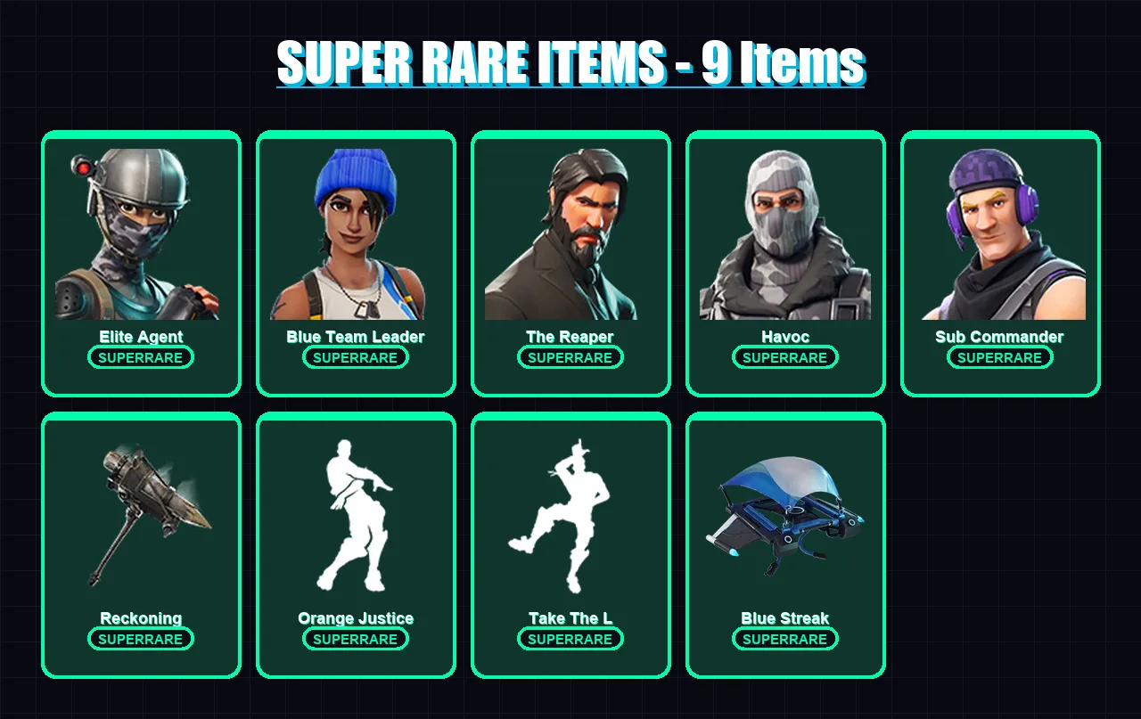 [PC/XBOX] | Elite Agent | Blue Team Leader | The Reaper | Havoc | Sub Commander | 47 skin | 30 pickaxe | 34 emote | 34 glider | Lv440