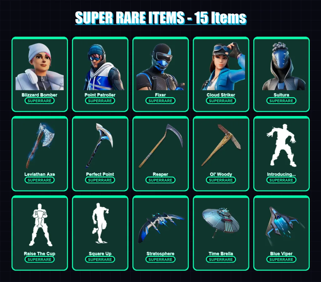 [PS4/PS5/XBOX/PC] | Blizzard Bomber | Point Patroller | Fixer | Cloud Striker | Sultura | 140 skin | 154 pickaxe | 124 emote | 105 glider | Lv1604