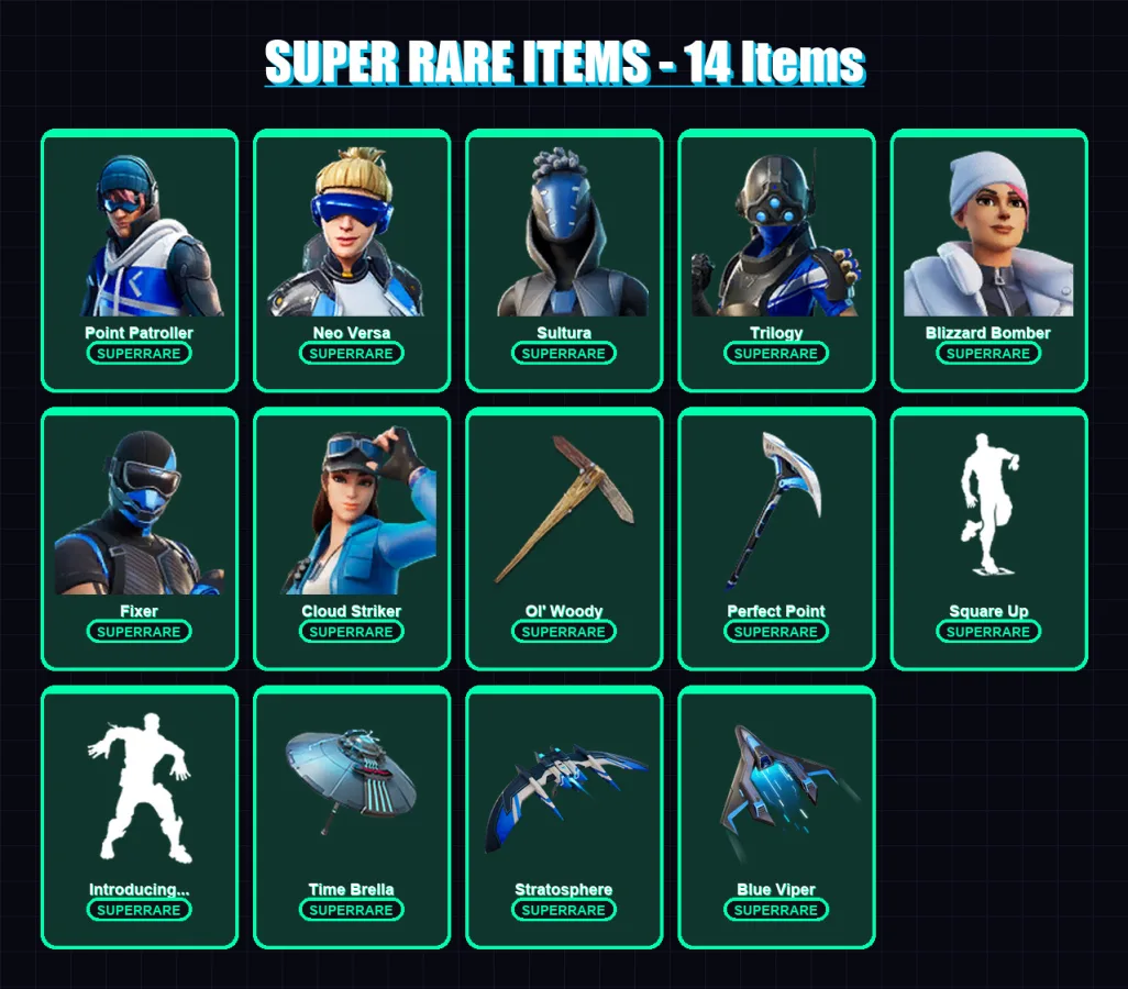 [PC] | Point Patroller | Neo Versa | Sultura | Trilogy | Blizzard Bomber | 117 skin | 156 pickaxe | 128 emote | 124 glider | Lv2087