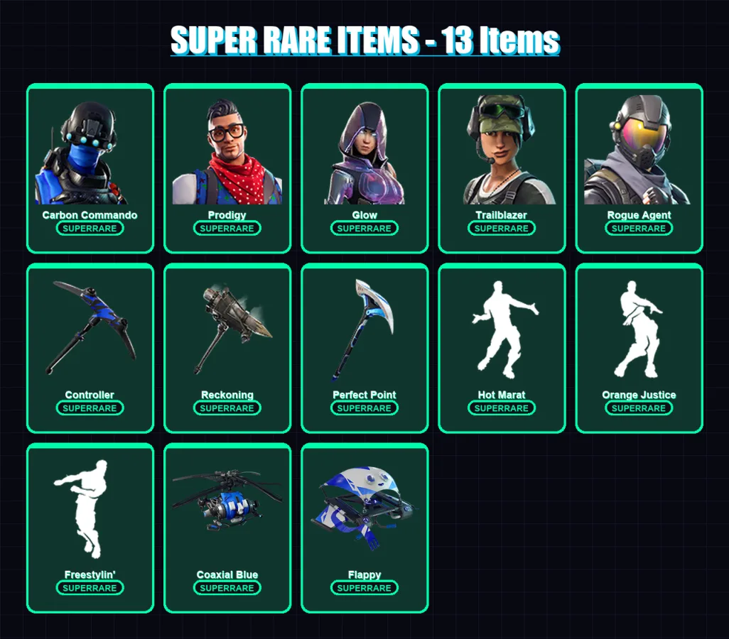 [PC/XBOX] | Carbon Commando | Prodigy | Glow | Trailblazer | Rogue Agent | 73 skin | 49 pickaxe | 51 emote | 47 glider | Lv606
