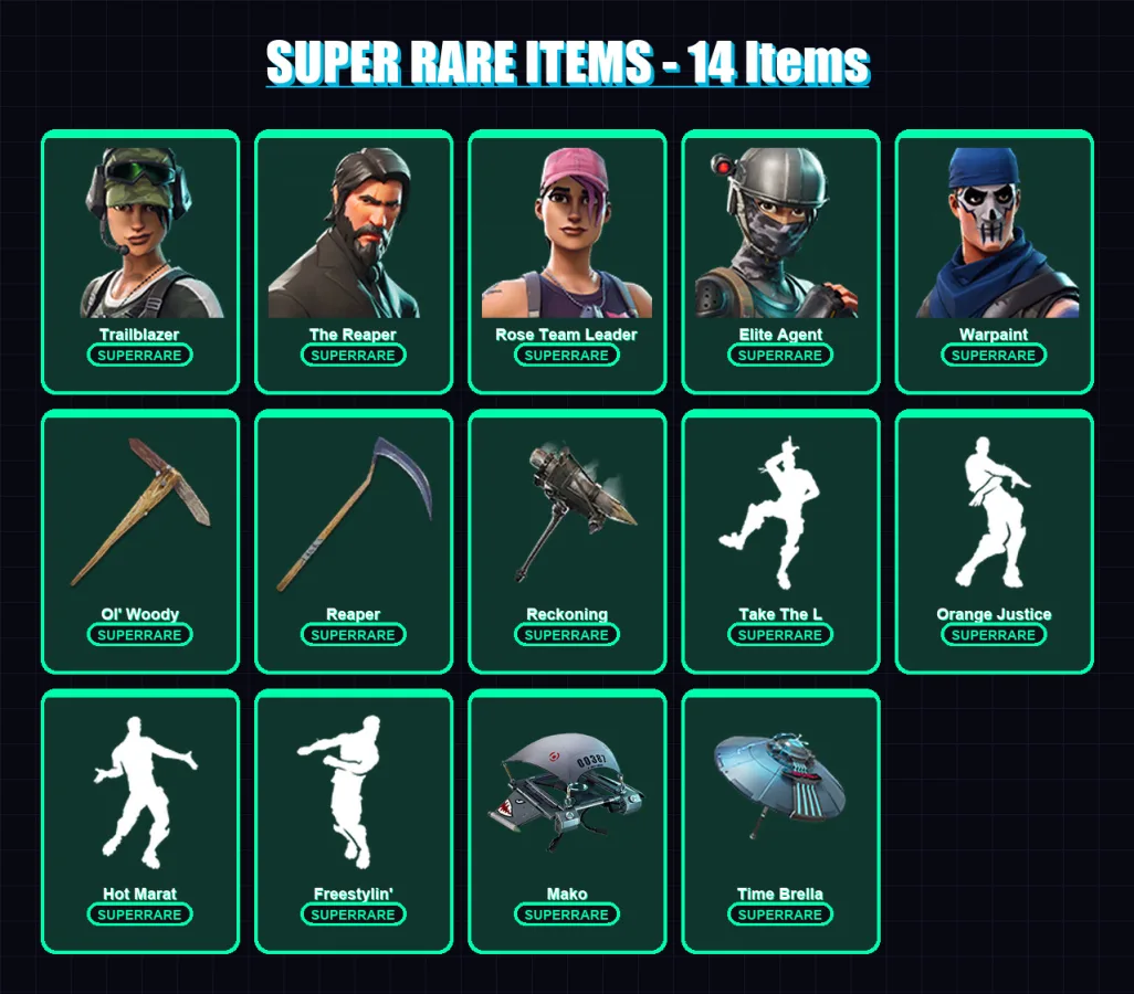 [PC/XBOX/PSN] | Trailblazer | The Reaper | Rose Team Leader | Elite Agent | Warpaint | 82 skin | 56 pickaxe | 79 emote | 64 glider | Lv928