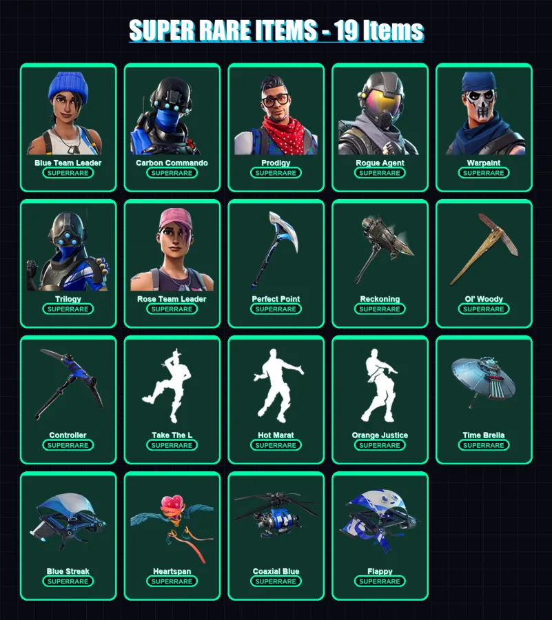 [PS4/PS5/XBOX/PC] | Blue Team Leader | Carbon Commando | Prodigy | Rogue Agent | Warpaint | 94 skin | 118 pickaxe | 102 emote | 120 glider | Lv1678