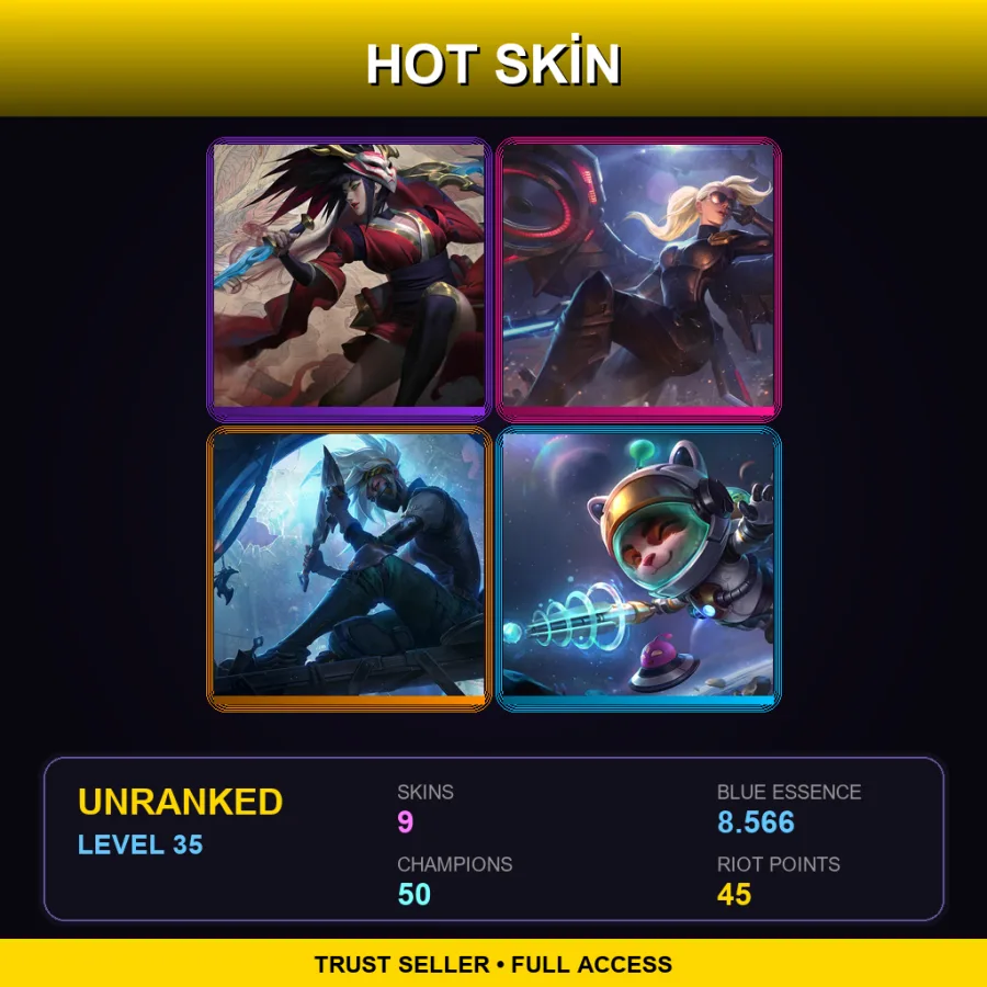 TR | Blood Moon Akali | Riot Kayle | Silverfang Akali | Astronaut Teemo | 9 Skin | 50 Champ | Lv35