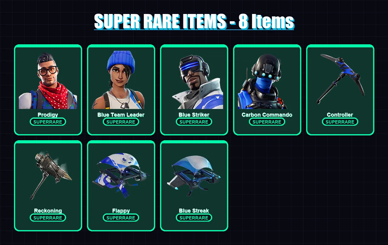 [PS4/PS5/XBOX/PC] | Prodigy | Blue Team Leader | Blue Striker | Carbon Commando | Calamity | 18 skin | 14 pickaxe | 22 emote | 21 glider | Lv299