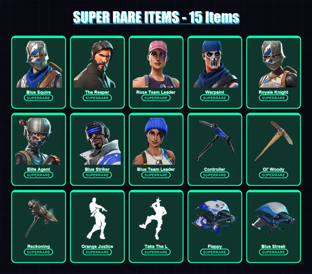[PS4/PS5/XBOX/PC] | Blue Squire | The Reaper | Rose Team Leader | Warpaint | Royale Knight | 36 skin | 23 pickaxe | 29 emote | 27 glider | Lv277 — Fortnite account