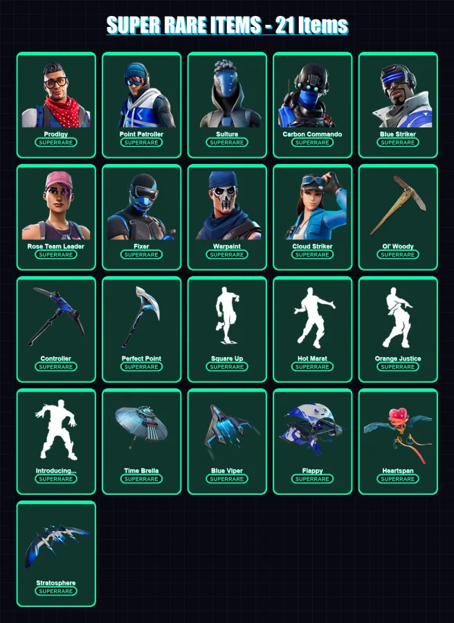 [PC/XBOX/PSN] | Prodigy | Point Patroller | Sultura | Carbon Commando | Blue Striker | 123 skin | 144 pickaxe | 131 emote | 145 glider | Lv2305 — Fortnite account